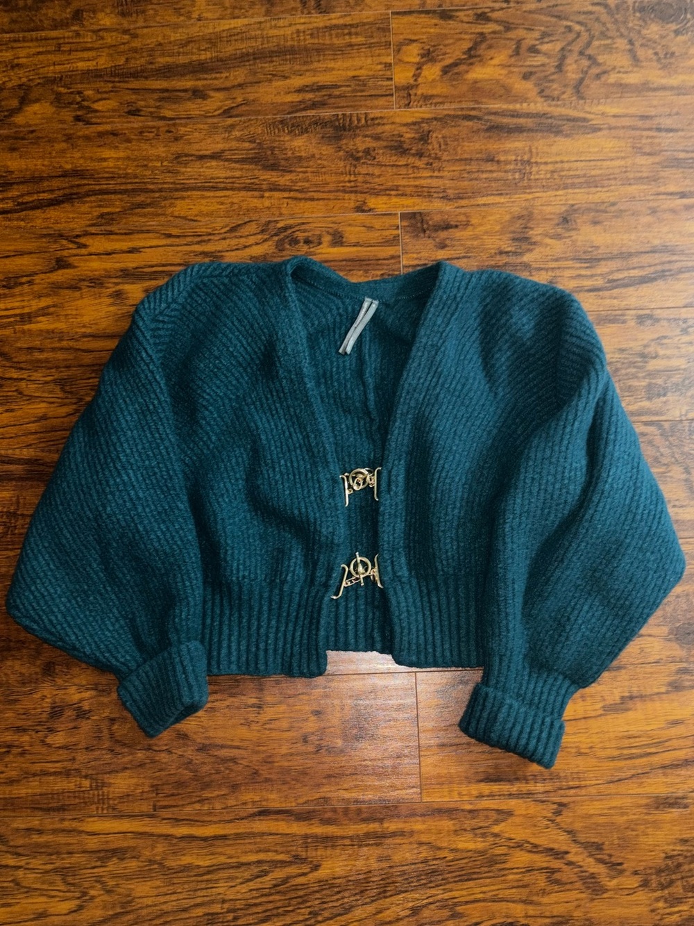 Anthropologie Rhea Hardware Crop Cardigan Wool Blend Sweater Gold Clasp Teal Blu